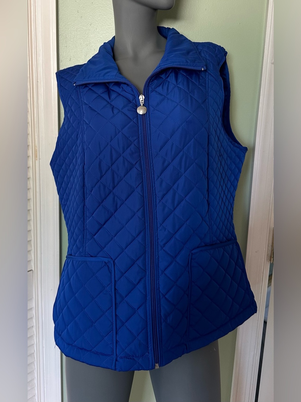 Calvin Klein Women Vest Blue Quilted Sleeveless Full Zip Pocket Size L Polyester